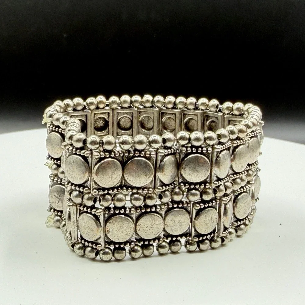 Silver Tone Chunky Stretch Bracelet Geometric Coin Bead Boho Statement Jewelry